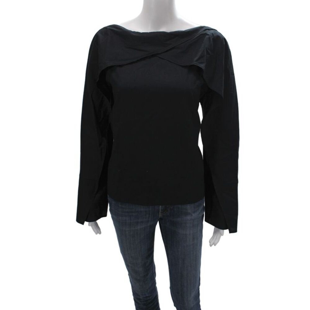 Maria + Cornejo Women Tunic Blouse Black Cotton Boat Neck Long Sleeve Size 10